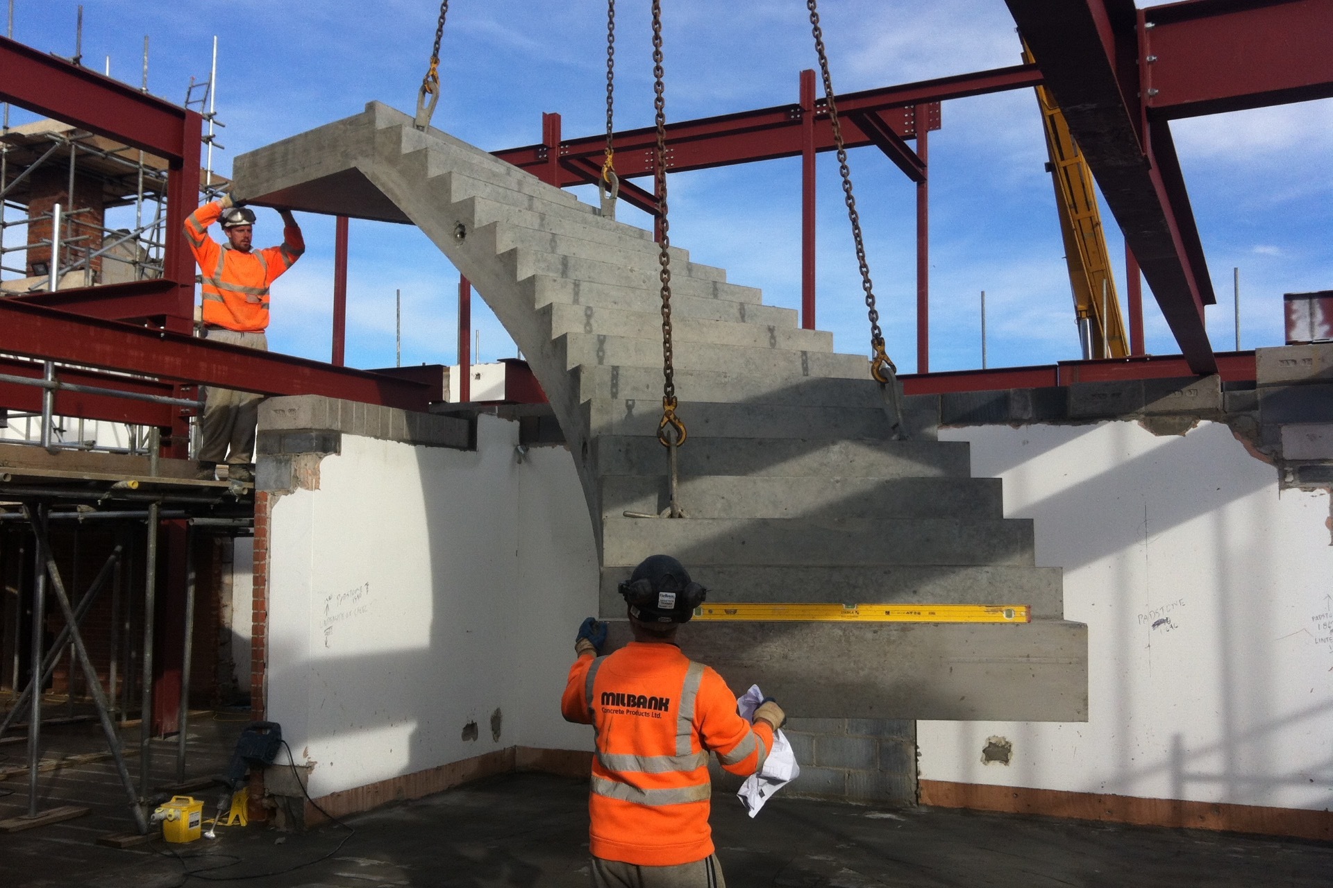 precast concrete curved stair installed with crane