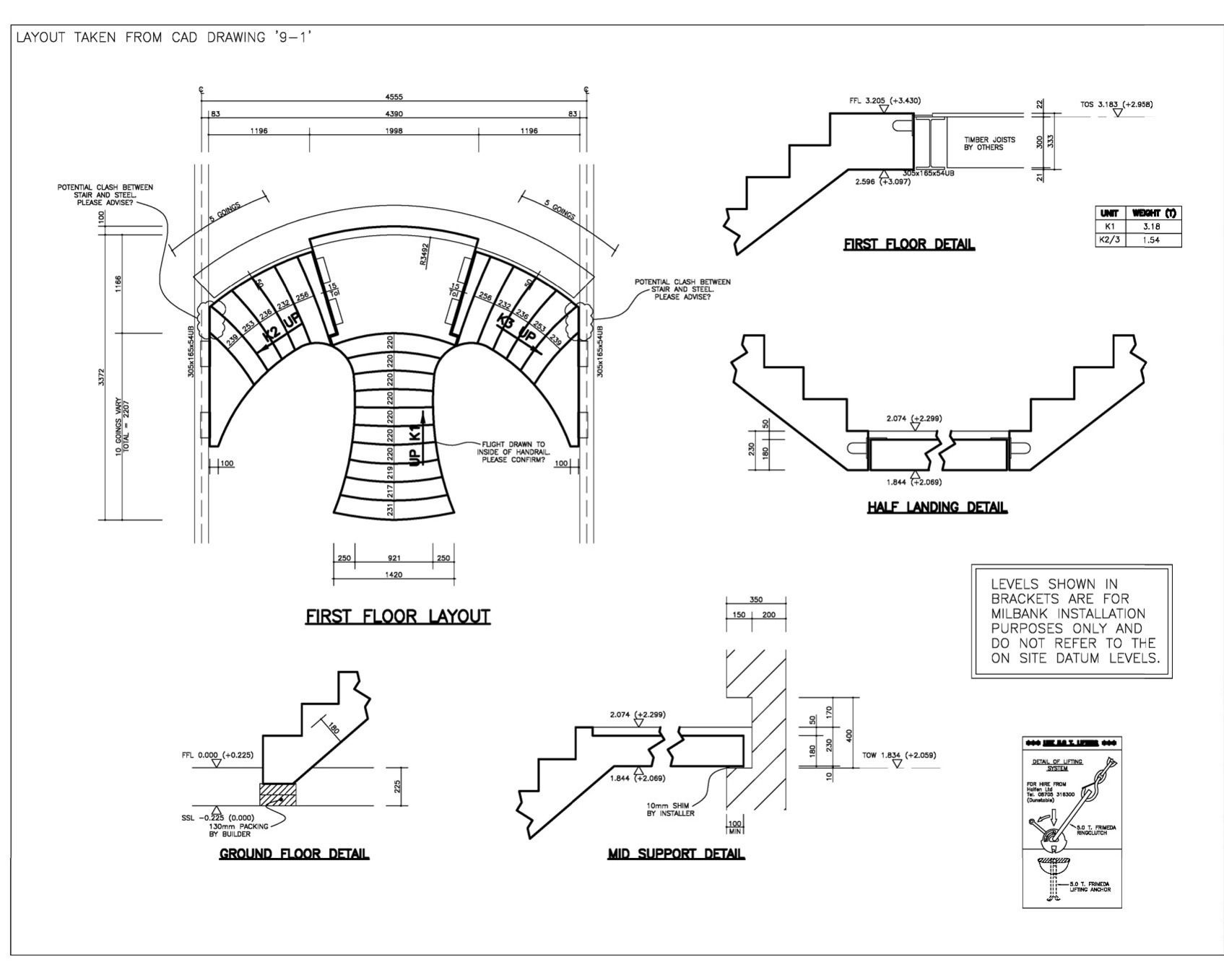 Y-shaped Concrete Staircase with landing CAD drawing