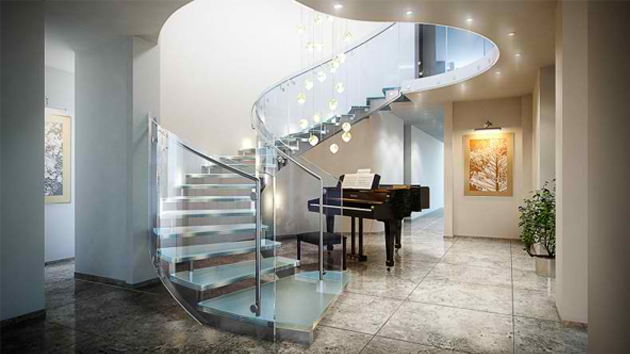 Luxury curved staircase with glass balustrade