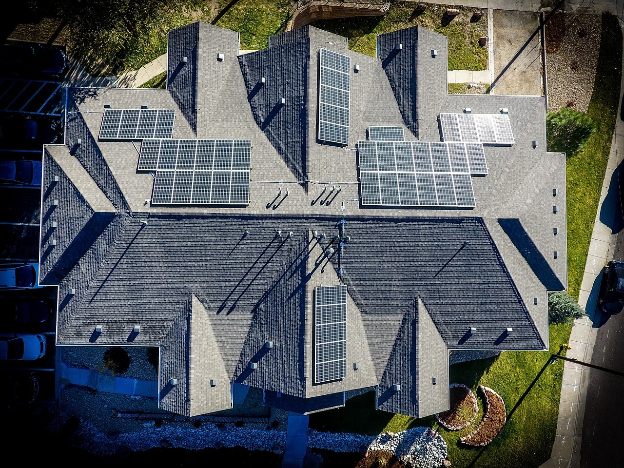 Luxury home aerial view with solar panels