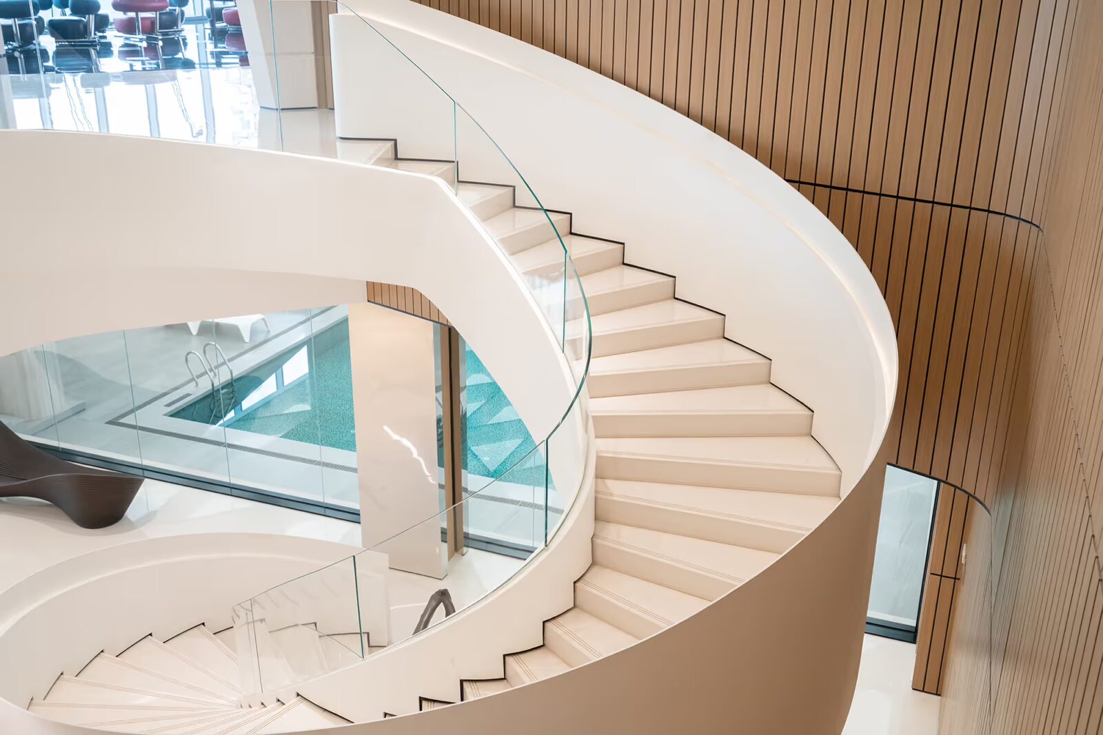 modern spiral staircase marble glass wood white