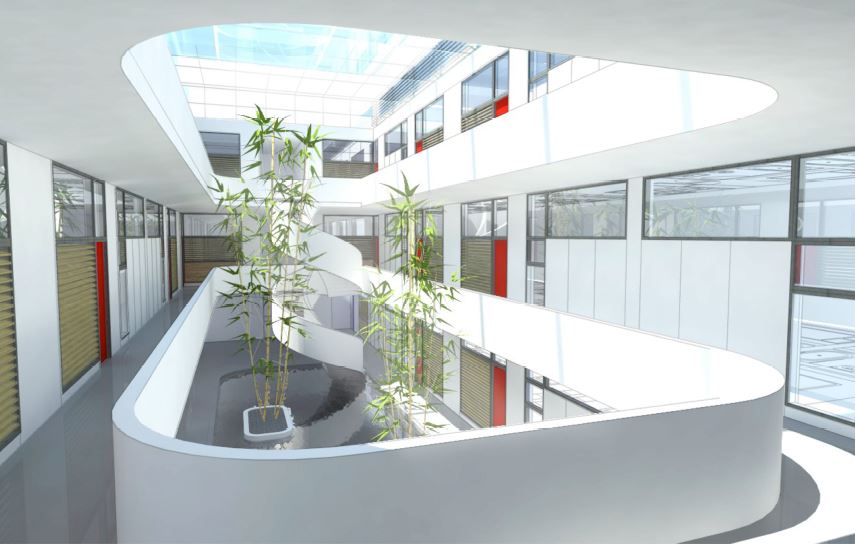 CGI render showing two large spiral helical stairs at Denham Film studios Buckinghamshire