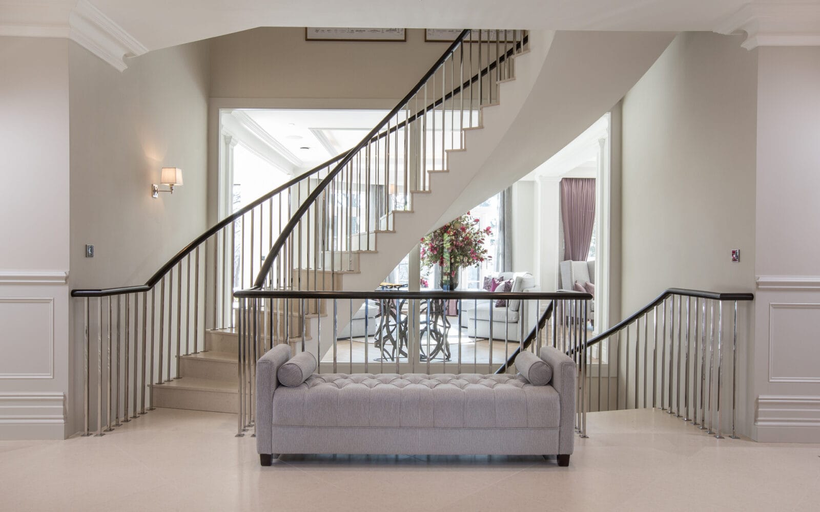 Cross section of luxury UK property hallway showing twisting curved staircase Kings View Surrey