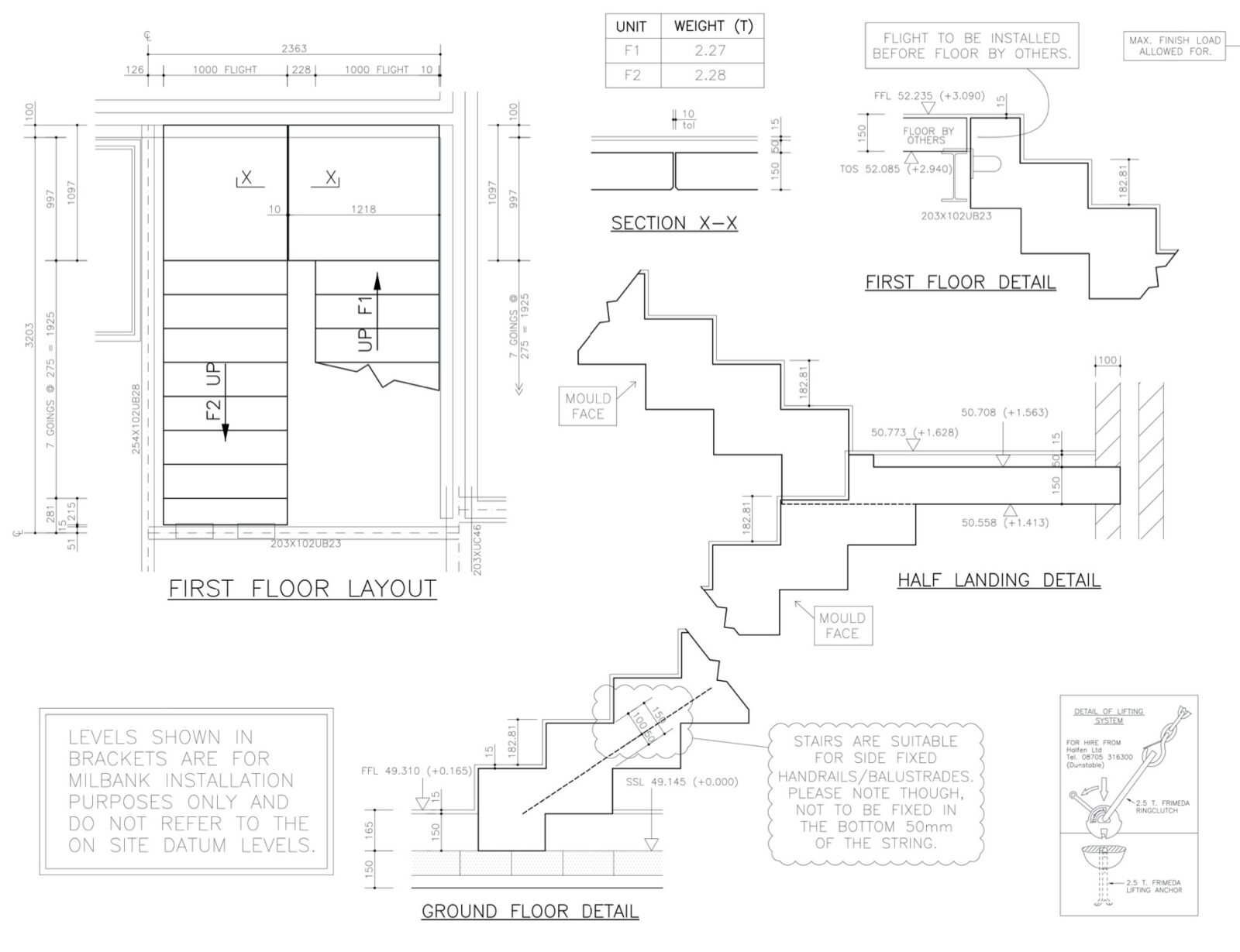 Sectional design drawings of sawtooth zigzag staircase