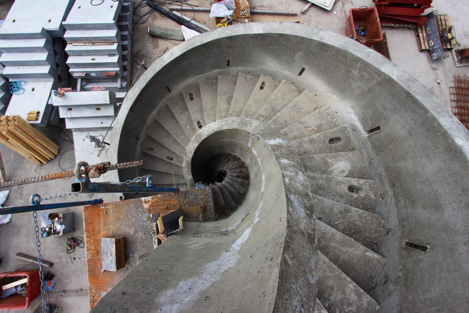 Aerial view of spiral precast concrete staircase in manufacturing yard
