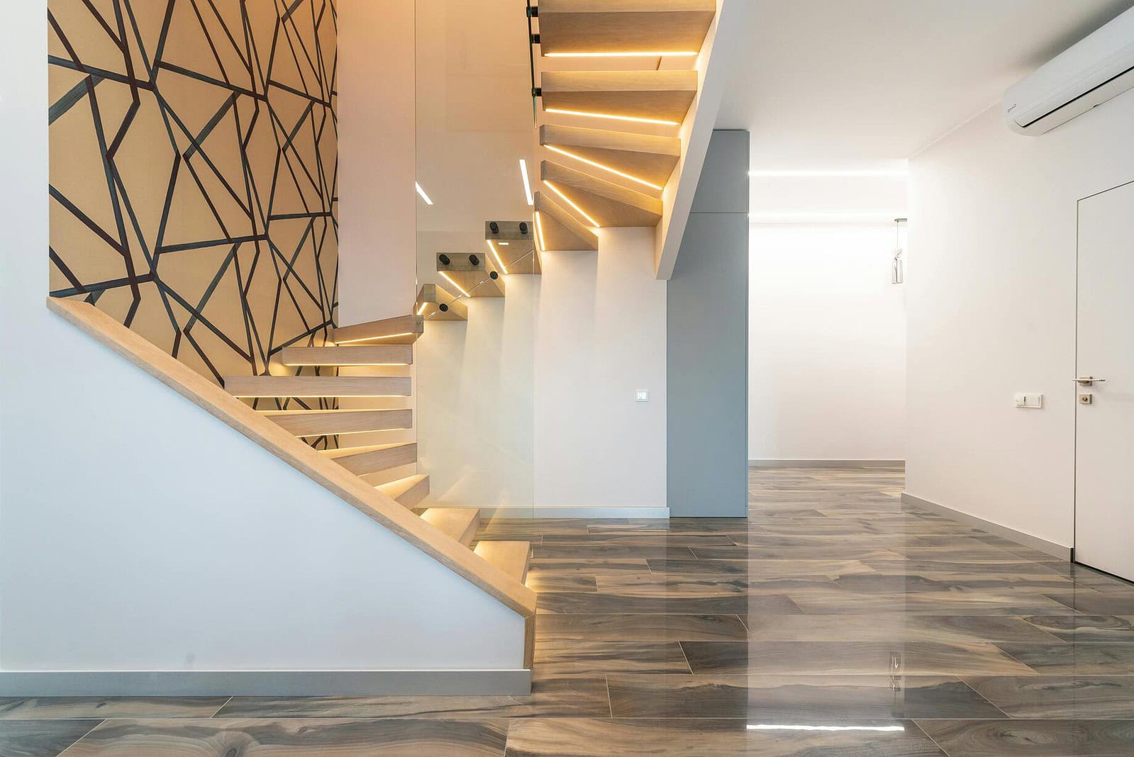 Floating lit wooden stairs